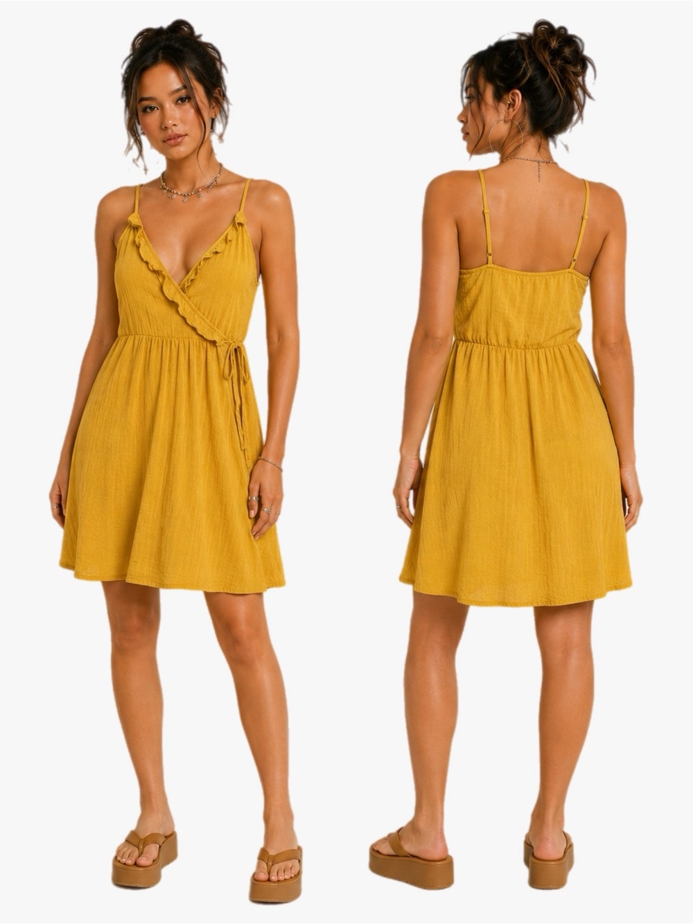 Vintage Anthropologie Mermaid Yellow Faux Wrap Dress Y2K Tunic Size Medium